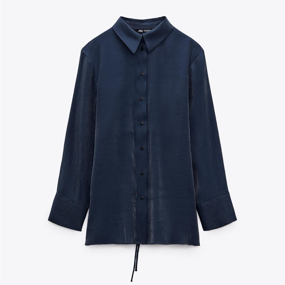 Zara Navy Wrinkled Satin Effect Shirt